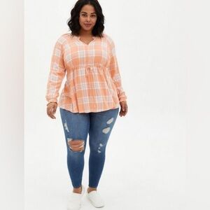 Torrid Rayon Crepe Tie Waist Peasant Blouse Shirt Top Womens Size 1X Plaid
